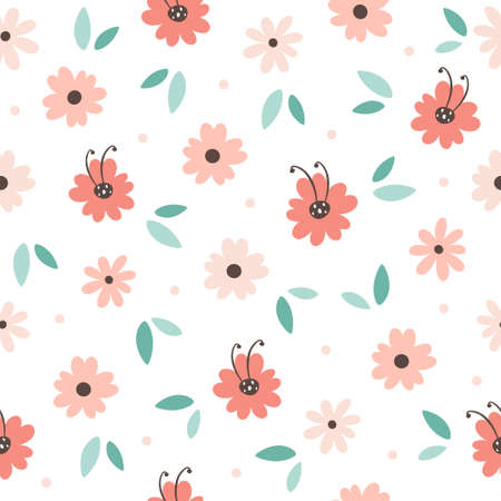 Flowers and green leaves seamless pattern. Design for fabric, textile, wrapping paper. Hand drawn vector illustrationのイラスト素材