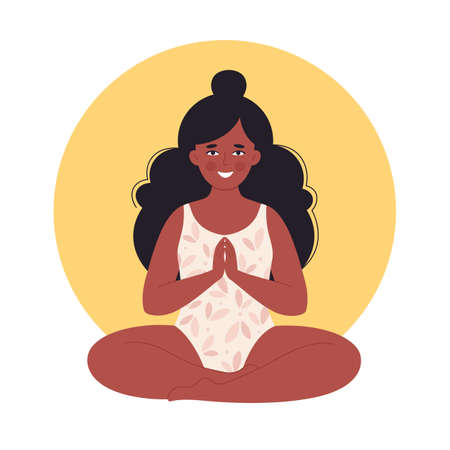 Black woman meditating in swimsuit. Healthy lifestyle, yoga, relax, breathing exercise. Hello summer. Hand drawn vector illustrationのイラスト素材