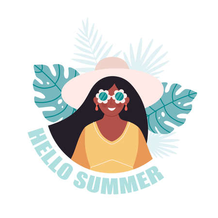 Black woman in hat and retro glasses on tropical leaves background. Hello summer greeting card. Summertime, vacation. Hand drawn vector illustrationのイラスト素材