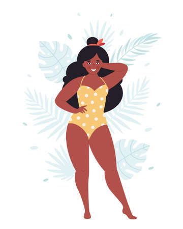 Black overweight woman in retro swimsuit on tropical leaves background. Hello summer. Body positive, beauty diversity concept. Vector illustrationのイラスト素材