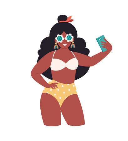 Black woman in retro glasses and swimsuit making selfie or resording video. Hello summer, summer vacation, summer fun. Hand drawn vector illustrationのイラスト素材