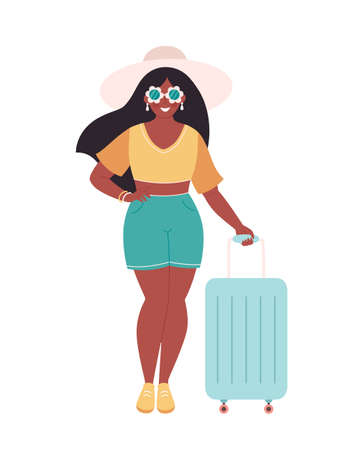 Black woman tourist with travel bag or luggage. Summer vacation, summer traveling, summertime. Hand drawn vector illustrationのイラスト素材