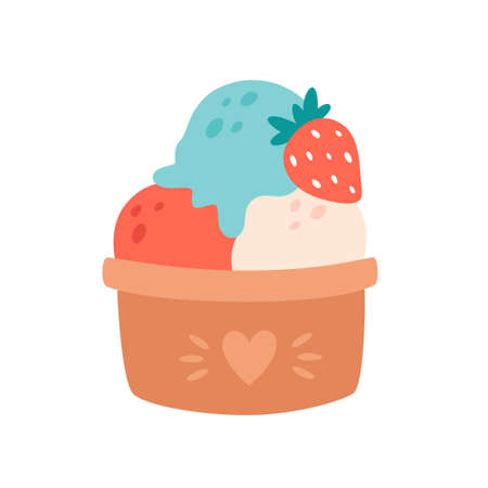 Ice cream scoops in cup with different flavors, toppings and strawberry. Summertime, hello summer. Vector illustrationのイラスト素材