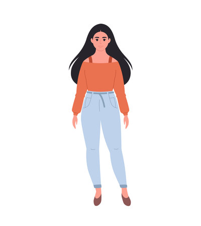 Modern young woman in casual outfit. Stylish fashionable look. Hand drawn vector illustrationのイラスト素材