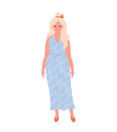Modern young blonde woman in long dress. Stylish fashionable look. Hand drawn vector illustrationのイラスト素材
