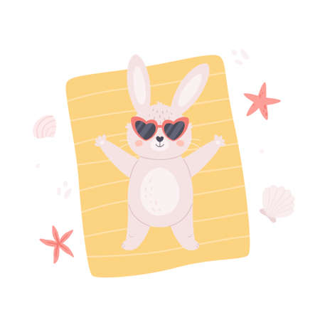Cute white bunny in sunglasses sunbathing on the beach. Hello summer, summertime, summer vacation. Hand drawn vector illustrationのイラスト素材