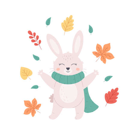 Cute white bunny in scarf with autumn leaves. Autumn, hello autumn. Hand drawn vector illustrationのイラスト素材