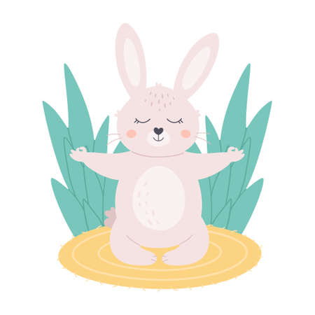 Cute white bunny meditating in lotus pose. Animal yoga, relaxation, meditation. World yoga day. Hand drawn vector illustrationのイラスト素材