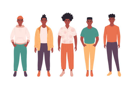Group of black young men. African american guys. Fashionable casual outfit. Hand drawn vector...