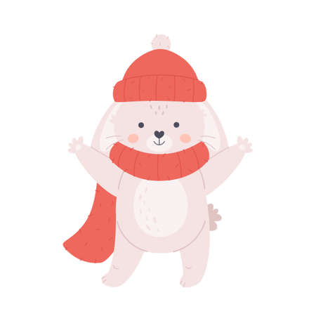 Cute white bunny in scarf and hat. Hello winter, winter time. Year of the Rabbit. happy holidays. hand drawn vector illustrationのイラスト素材