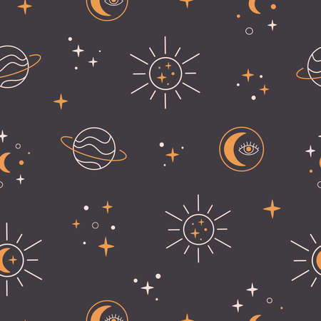 Seamless pattern with astrological, astronomical, magician and spiritual elements. Sun, planets, moon, stars, space. vector illustrationのイラスト素材