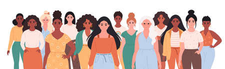 Women of different age, races, appearance. Multicultural society. Social diversity of people in modern society. Fashionable casual outfit. Vector illustrationのイラスト素材