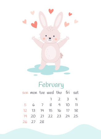 February 2023 calendar. Cute bunny with hearts. Happy Valentines Day. The year of the Rabbit, bunny symbol of 2023. Week starts on Sunday. Vector illustrationのイラスト素材