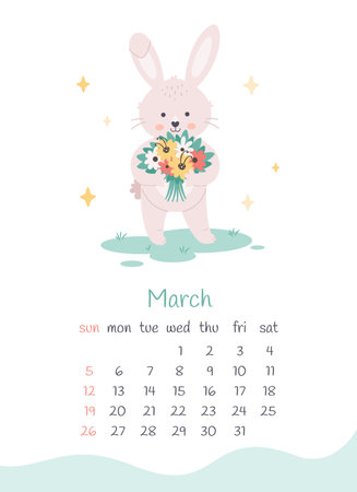 March 2023 calendar. Cute bunny with flowers. Hello spring. The year of the Rabbit, bunny symbol of 2023. Week starts on Sunday. Vector illustrationのイラスト素材