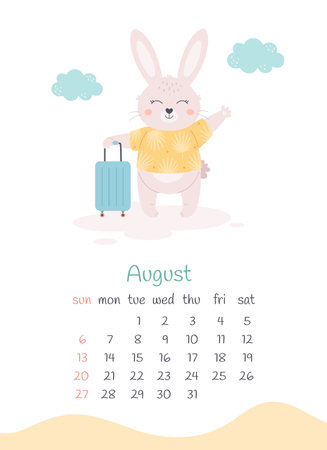 August 2023 calendar. Cute white bunny with travel bag. Summer vacation, hello summer. The year of the Rabbit, bunny symbol of 2023. Week starts on Sunday. Vector illustrationのイラスト素材