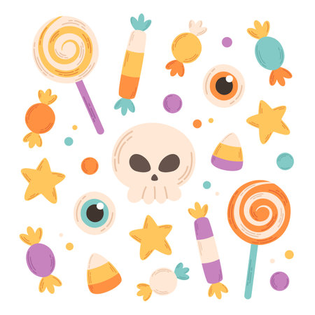 Collection of Halloween sweets, candies, candy corn, lollipops, scary eyes and skull. Happy Halloween elements. Trick or treat. Hand drawn vector illustrationのイラスト素材