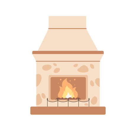 Modern fireplace with burning fire. Indoors chimney, modern fireside, heating system. Winter season leisure. Hand drawn vector illustrationのイラスト素材