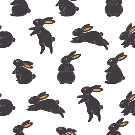 Cute black bunnies seamless pattern. Animal, hare. Year of the Rabbit. Design for fabric, textile, wrapping paper. Hand drawn vector illustrationのイラスト素材