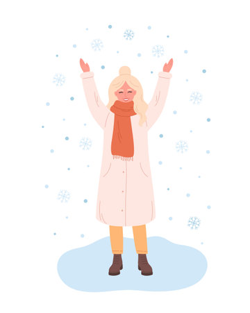 Woman greeting winter season. Happy woman playing with snowflakes. Hello winter greeting card. Winter time. Hand drawn vector illustrationのイラスト素材