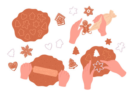 Christmas cookies. Process of making homemade cookies. Forms for cutting gingerbread. Merry Christmas and Happy Holidays. Hand drawn vector illustrationのイラスト素材
