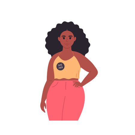 Young character with gender pronouns pin. She, he, they, non-binary. Gender-neutral movement. LGBTQ community. Hand drawn vector illustrationのイラスト素材