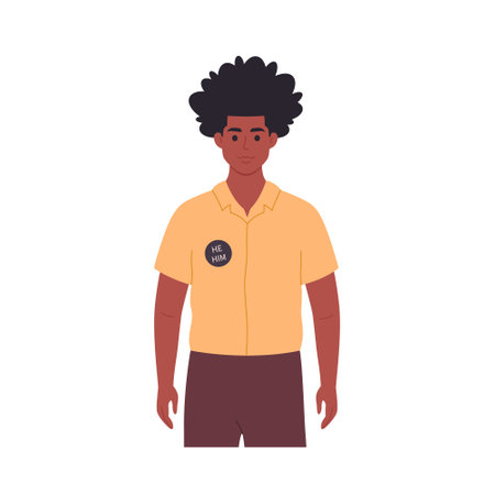 Young character with gender pronoun pin. She, he, they, non-binary. Gender-neutral movement. LGBTQ...