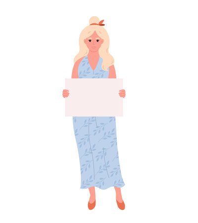 Young woman holding clean empty banner or placard. Activism, social movement. Democracy, rally and protest. Vector illustrationのイラスト素材