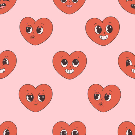 Trendy retro cartoon heart characters seamless pattern. Groovy style, vintage, 70s 60s aesthetics. Valentines day. Vector illustration in flat styleのイラスト素材