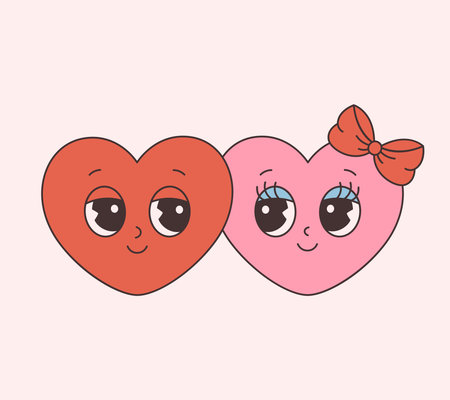Trendy retro cartoon heart characters, love couple. Groovy style, vintage, 70s 60s aesthetics. Valentines day. Vector illustration in flat styleのイラスト素材