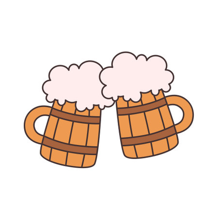 Beer mugs, cheers. Celebration of Beer festival, Saint Patricks Day and Oktoberfest. Vector illustration in flat styleのイラスト素材