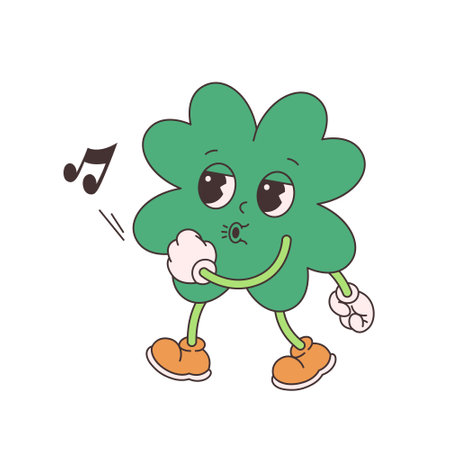 Trendy retro cartoon character clover with four leaf. Happy Saint Patricks Day. Groovy style, vintage, 70s 60s aesthetics. Vector illustration in flat styleのイラスト素材