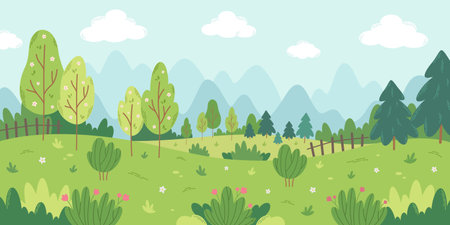 Spring landscape with trees, mountains, fields, bushes, flowers and fir trees. Vector illustrationのイラスト素材