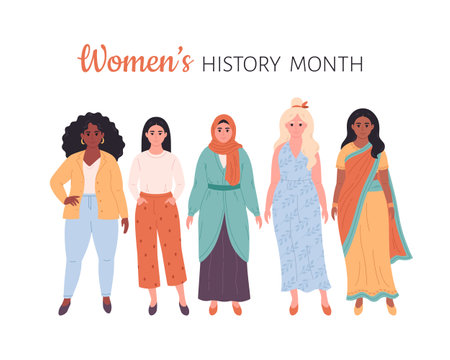 Women of different races, nationalities. Womens history month. Feminism and women equality, empowerment. Vector illustration in flat styleのイラスト素材