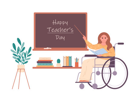 Female teacher in wheelchair at classroom near blackboard. Education, lecture and lesson at school. Vector illustration in flat styleのイラスト素材
