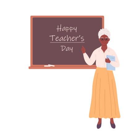 Old black female teacher near blackboard. Education, lecture and lesson at school. Happy Teachers Day. Vector illustration in flat styleのイラスト素材
