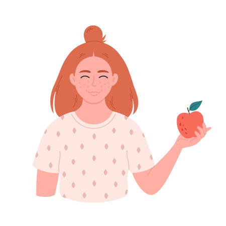 Smiling woman with apple. Healthy food, proper nutrition, vegetarian, vegan. Vector illustration in flat styleのイラスト素材