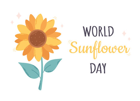 World Sunflower Day, May 1. Beautiful sunflower with green leaves. Hand drawn vector illustrationのイラスト素材