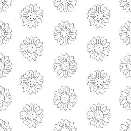 Cute sunflowers seamless pattern. Sunflower outline. Design for textile, wrapping paper, fabrics. Vector illustration in flat styleのイラスト素材