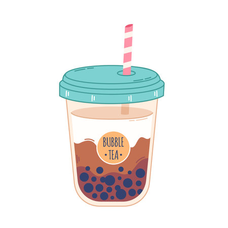 Bubble Milk Tea with tapioca pearls. Boba tea. Cold Asian Taiwanese drink. Summer cold drink. Hand drawn vector illustrationのイラスト素材