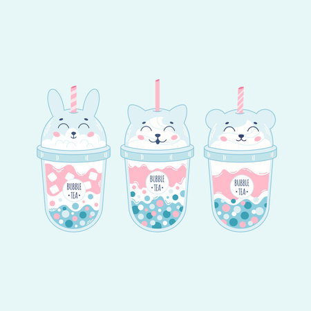 Collection of Bubble Milk Tea with tapioca pearls. Boba tea. Taiwanese drink. Summer cold drink. Hand drawn vector illustrationのイラスト素材