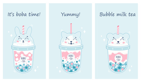 Collection of Bubble Milk Tea with tapioca pearls. Boba tea. Taiwanese drink. Summer cold drink. Hand drawn vector illustrationのイラスト素材