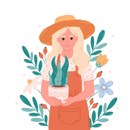 Woman gardener with potted house plant. Gardener, florist, farmer, botanics, seller in a flower shop. Vector illustration in flat styleのイラスト素材