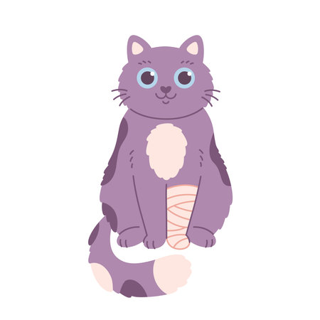 Cat with a bandaged paw. Veterinary clinic, veterinary medicine, injured cat. Vector illustration in flat styleのイラスト素材