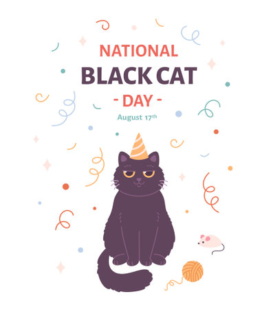 National Black Cat Day. Cute cat in party hat. Celebration, holiday, domestic cat. Vector illustration in flat styleのイラスト素材