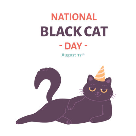 National Black Cat Day. Cute cat in party hat. Vector illustration in flat styleのイラスト素材