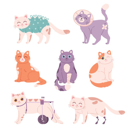 Injured Cats Illustrations. Cat after surgery, amputation, without eye, cat with prosthetic. Vector illustration in flat styleのイラスト素材