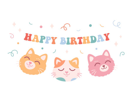 Happy Birthday greeting card with cute colorful cats. Party, celebration, confetti. Vector illustrationのイラスト素材