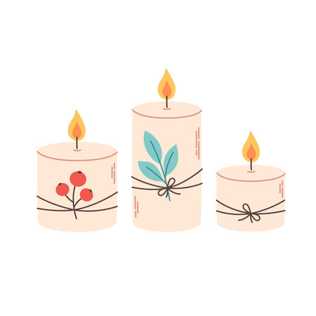 Cute decorative wax candles with leaf and viburnum. Vector illustration in flat styleのイラスト素材
