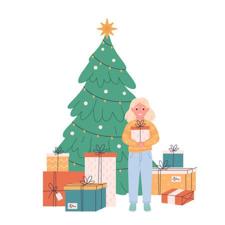 Little girl holding gift box and standing near Christmas tree and celebrating Christmas or New Year. Vector illustration in flat styleのイラスト素材