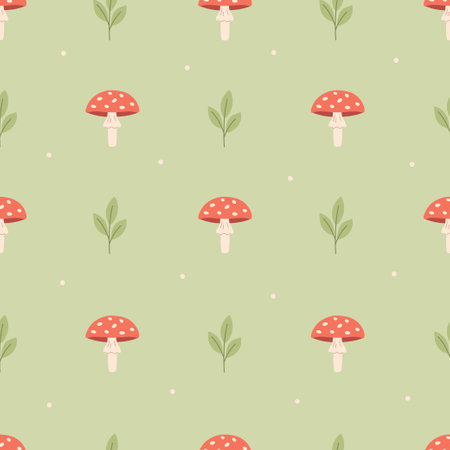 Seamless pattern with toadstool and sprout. Design for fabric, textile, wrapping paper. Vector illustration in flat styleのイラスト素材
